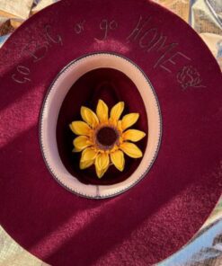 custom burned cowboy hat fallon francis burgundy with sunflower bottom view