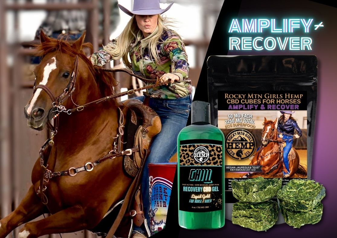 Rocky Mtn Girls Hemp 50 MG Natural Flavor CBD Cubes for Horses+12 oz 2250 MG CBD CHILL Recovery Gel for Horse & Rider_Photo-Megan Jauregui by Jim Canella Photography_Fairplay Rodeo 2025